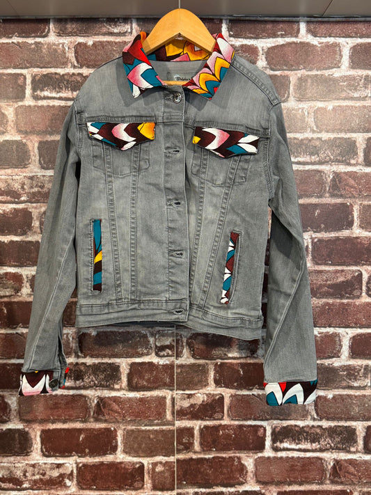 Veste en jean grise - Taille 8 ans - wax pétales multicolores