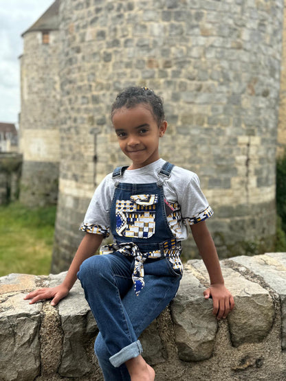 Salopette et t-shirt + bandeau ou ceinture - wax bleu et doré - Taille 8 ans