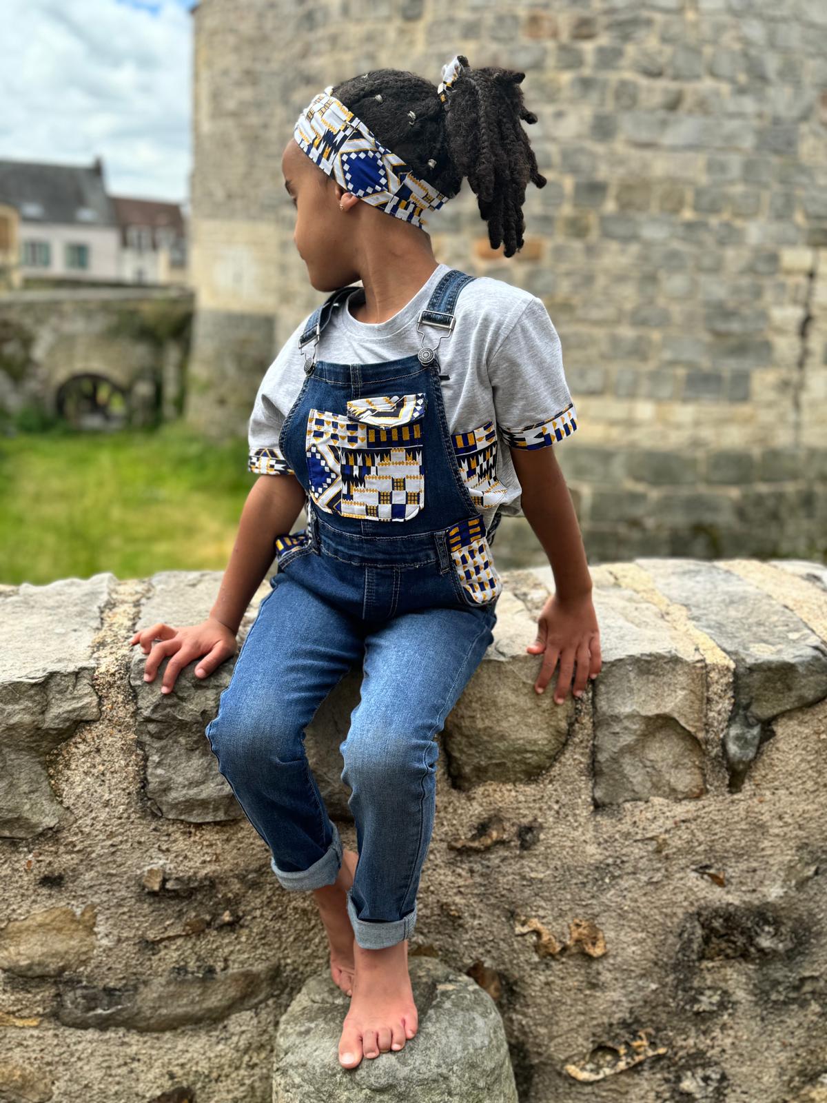 Salopette et t-shirt + bandeau ou ceinture - wax bleu et doré - Taille 8 ans